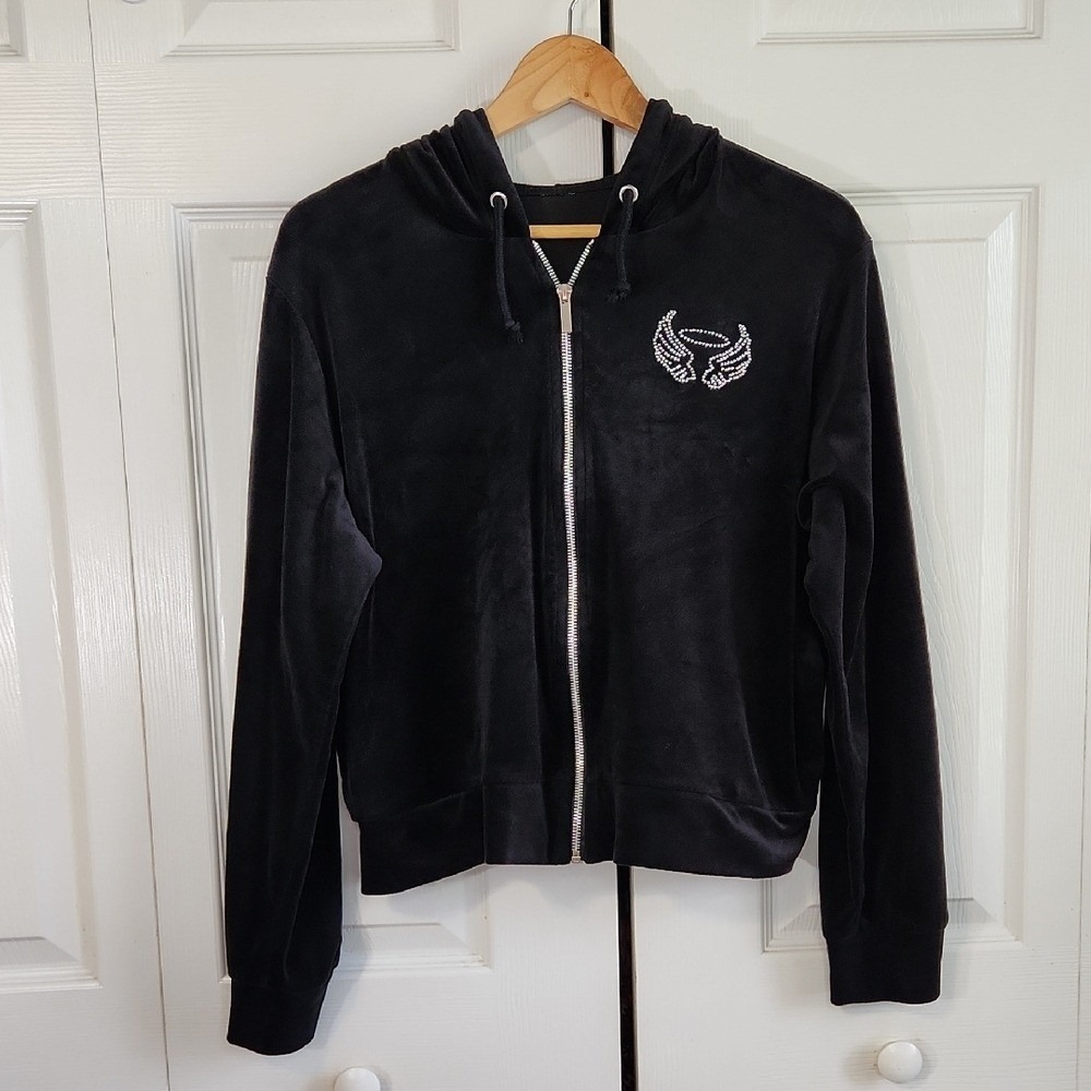 Black Velour Zip-Up‎ Hoodie XXL With Rhinestone Angel Wings & Halo Bling Y2K 80s
